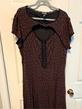 Hot Topic Black Dress with Small Red Floral Print and Cutout